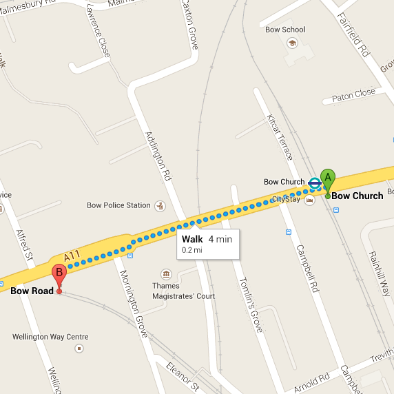 Geographic map showing walking times between stations in Bow, East London
