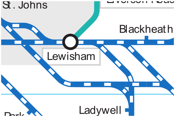 Official Tube and rail map showing suburban rail lines around Lewisham station
