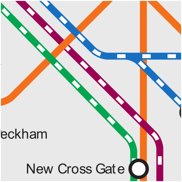London Tube and Rail map showing rail lines around New Cross