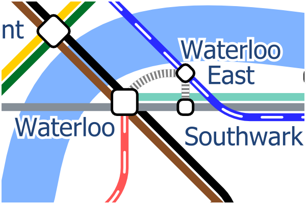 London Layout map showing alternative interchange symbol to better represent the Waterloo station complex