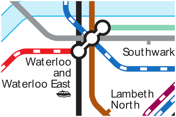 TfL tube and rail map showing connections at Waterloo station