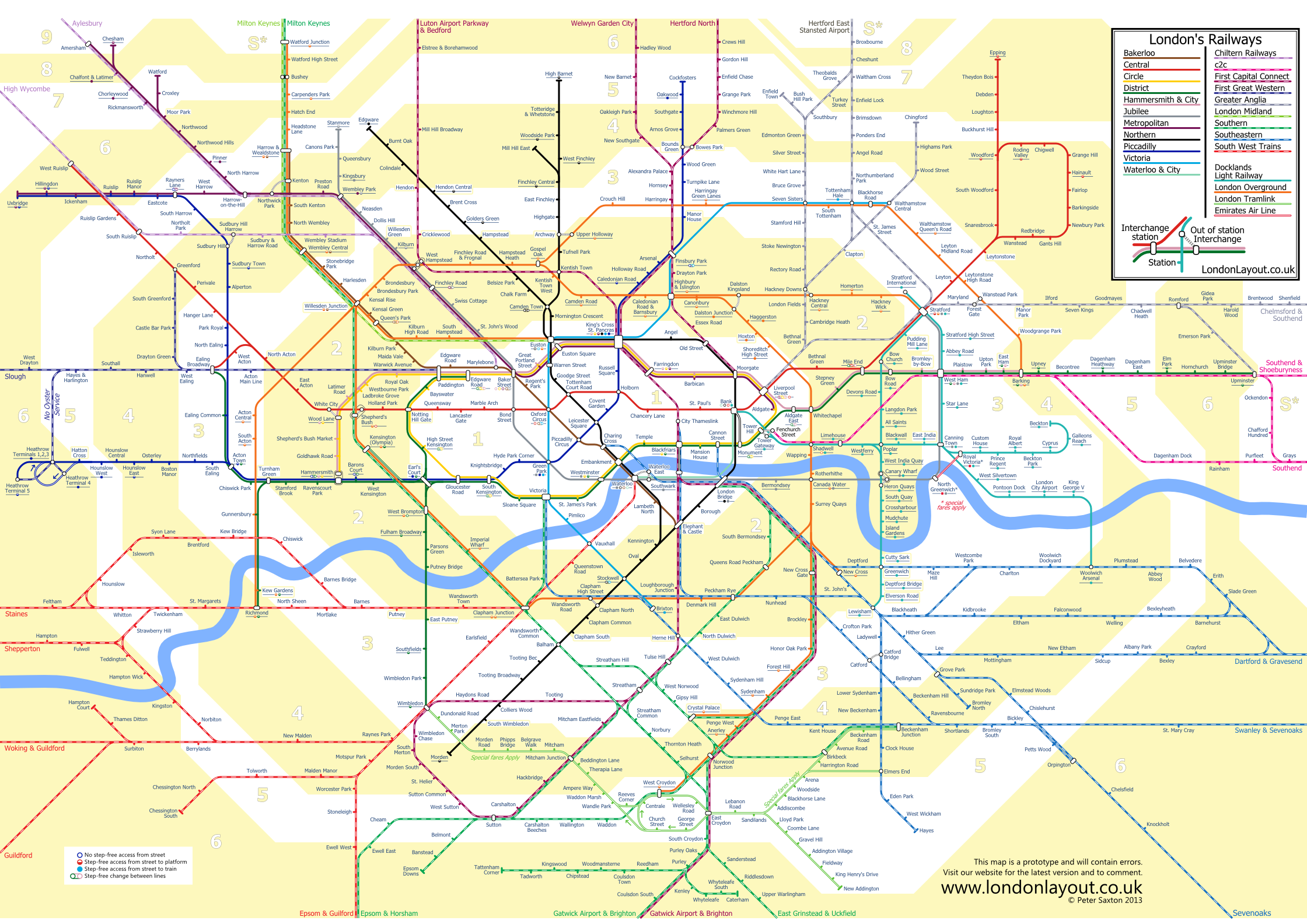 tube and rail map showing travel zones